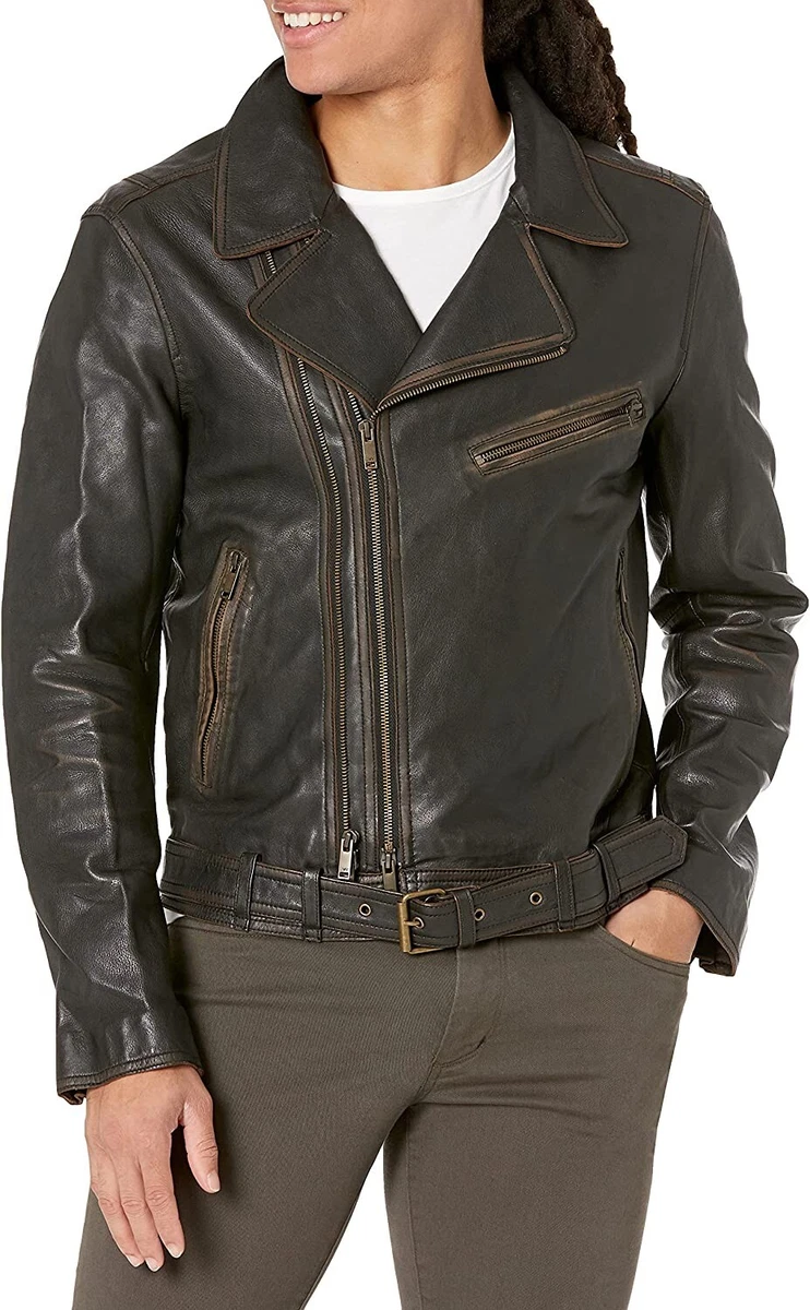 John Varvatos B4215 Mens Dark Brown Cole Leather Biker Jacket Size