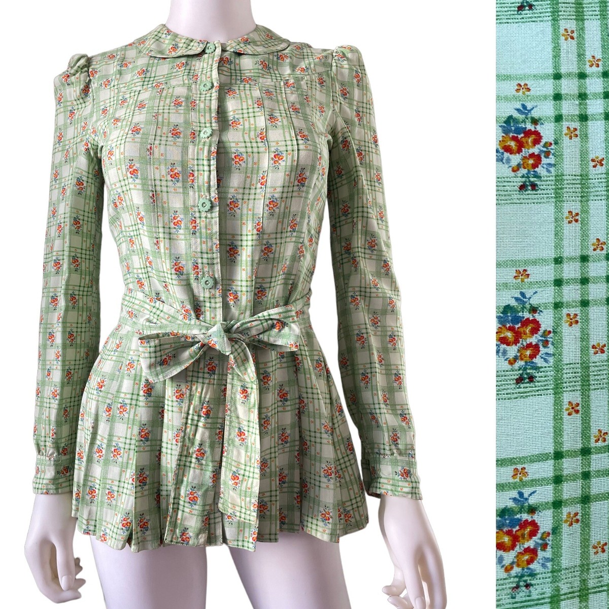 1970s Vintage Top By Cacharel, France Floral Prairie Plaid Tunic 