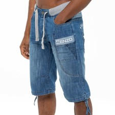 Image of Enzo Mens Designer Shorts Casual Elasticated Ribbed Waist Denim Knee length Jean