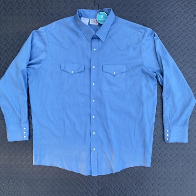 Vintage Western Frontier Button Down Shirt Pearl Snap Blue Made in USA Mens 2XL