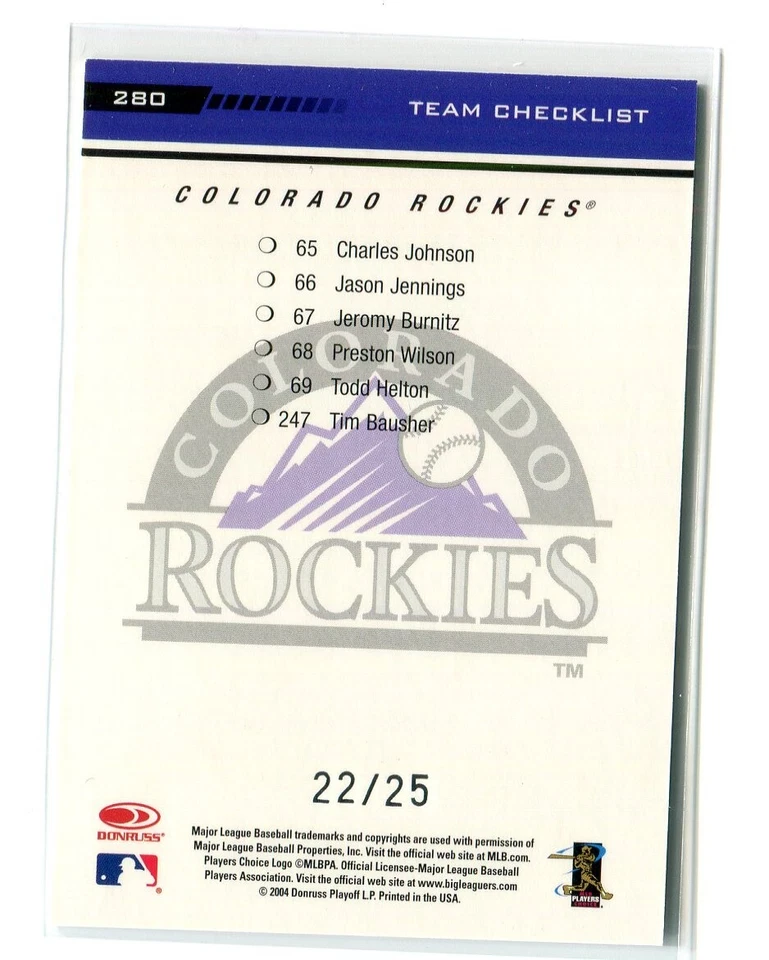 2004 Leaf Jeremy Burnitz Press Proof Parallel 22/25 Rockies #280 - Image 2 of 2