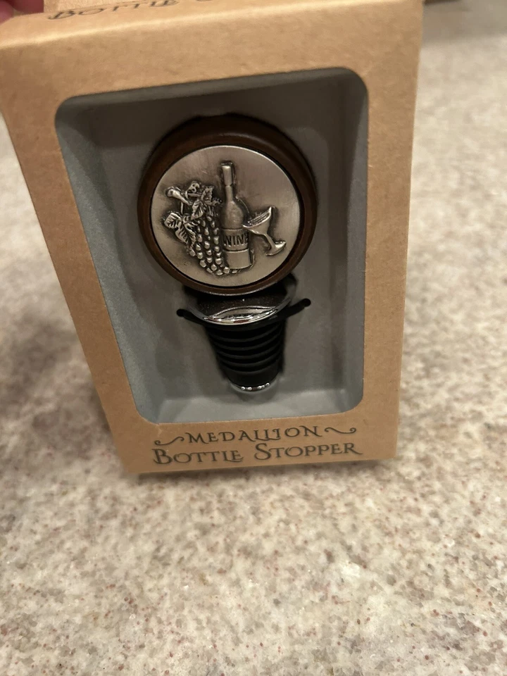 Tapón de botella de vino medallón de metal madera vid sello hermético Foto 2 de 4