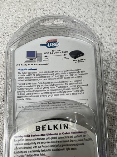 Belkin USB 2 Gold Series A Plug/B Plug 10’/3m Device Hi-Speed Cable NEW - Picture 6 of 6