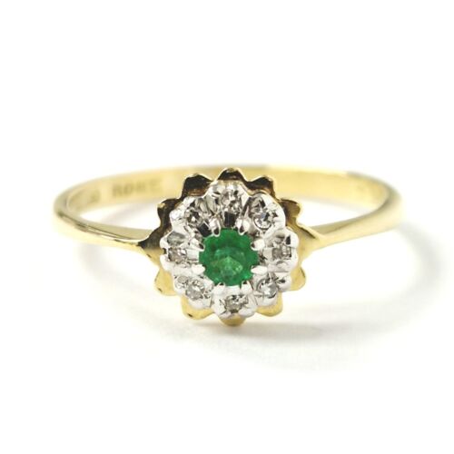 18ct Gold Emerald Diamond Ring Size N 1/2 Flower Cluster Yellow 2.3g Hallmarked - Afbeelding 1 van 16