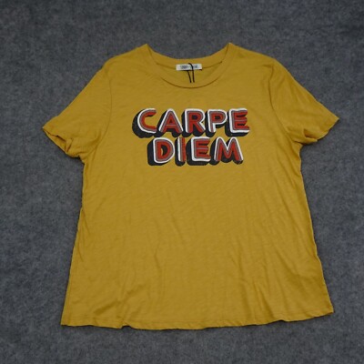 Sunday Stevens Shirt Womens Large L Yellow Red Short Sleeve Tee Solid Carpe Diem