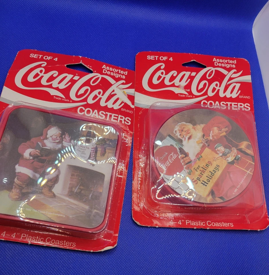 Vintage Set Of 2 Pkgs Of 4 COCA- COLA Coasters Santa Claus Christmas Plastic - Image 3 of 4