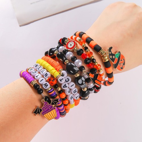 12 Stck. Halloween Heishi Perlen Armbänder für Frauen - Spooky Ghost & Kürbis Party F - Bild 4 von 6