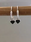 925 Sterling Silver Heart Black Jet CZ Hanging Hoop Sleeper Earrings
