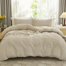 Beige Seersucker Duvet Cover Set Queen Size 90 x 90 inches , 3 Pieces 1 Duv...
