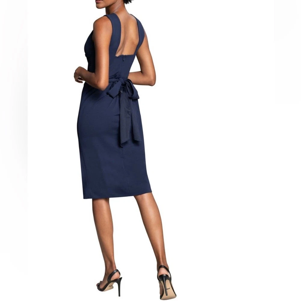 VETEMENTS DRESS THE POPULATION Alessia abito in crepe con cravatta in vita blu navy taglia XL nuovo con etichette