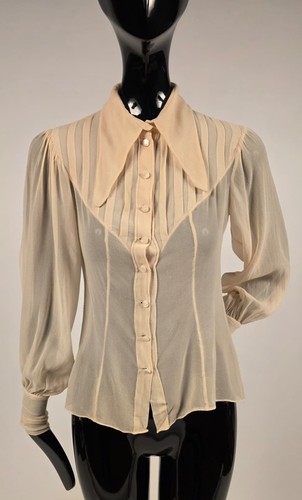 VINTAGE 1970’S SHEER SILK CHIFFON BLOUSE W PUFF SLEEVES + LARGE COLLAR