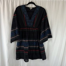 Joie Dress Women's XS Black Vneck Embroidered 3/4 Bell Sleeve 100% Cotton