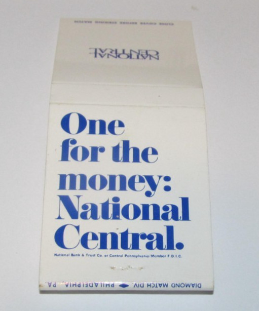 One For The Money: National Central Bank Vintage Matchbook Cover Front Strike
