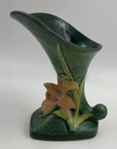 Roseville Pottery Zephyr Lily Cornucopia Vase Evergreen Teal Green Vintage