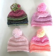 Set of 4 Handcrafted Soft Knit Baby Beanies Hats Pom Pom Pink Infant Shower Gift
