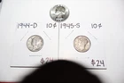 Lot of 1964 D Washington quarter 90% silver & Two Mercury Dimes 1944 D & 1945 S