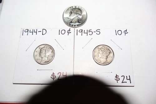 Lot of 1964 D Washington quarter 90% silver & Two Mercury Dimes 1944 D & 1945 S