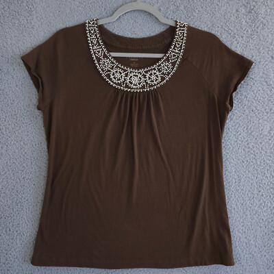 Talbots Shirt Womens Medium Brown Beaded Scoop Neck Cap Sleeve Top Cotton Casual