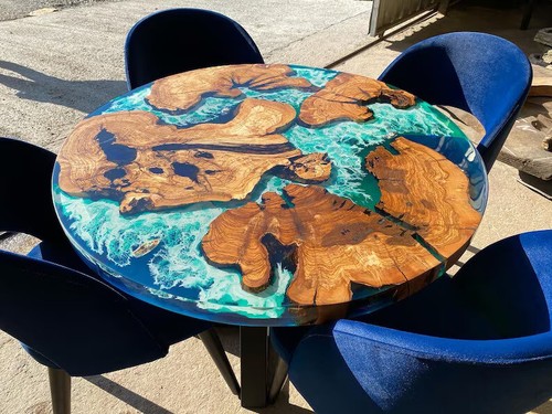 "Round Ocean Wave Epoxy Resin Coffee Table Top – Natural Acacia Wood Furniture" - Picture 3 of 9