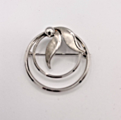 Vintage Signed A & Z Sterling Silver Leaf Pin Brooch Double Circle