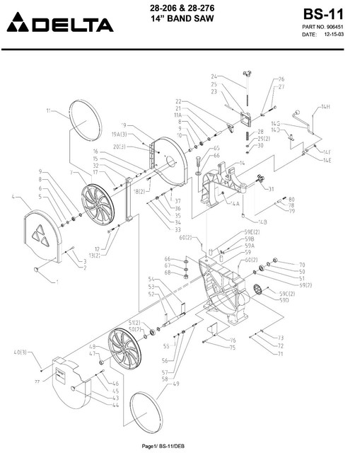 Delta 14" Band Saw 28206 & 28276 Instruction & Parts List Manual