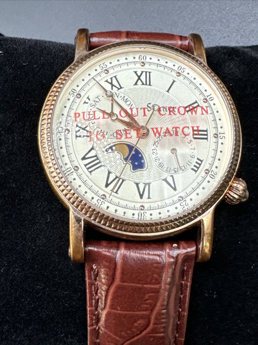 Mens Stauer Round Gold Tone Moonphase Brown Leather Strap Analog