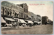 Main Street East Side Horses Wagons Stores Ripon WI C1900s Postcard W2