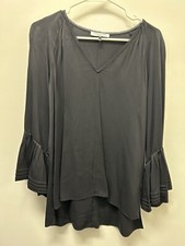 Halston Heritage Women’s Black Long V-Neck Sleeve Silk Blouse Top Size Medium