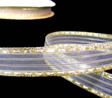 5 Yards Gold Silver Stitched Edge Sheer Metallic Striped Ribbon 5/8"W