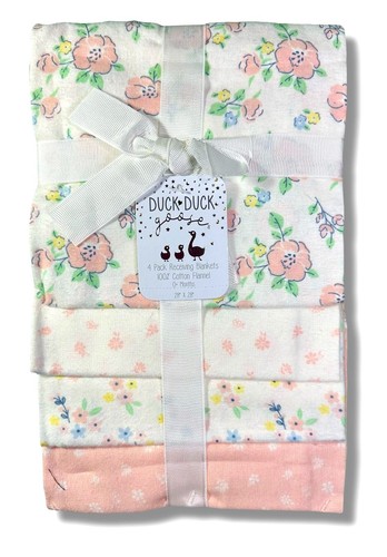 RECEIVING X4 - DUCK DUCK GIRLS 253 - FLOWER WHITE - BLANKETS COTTON 4 PACK BABY - Picture 1 of 1