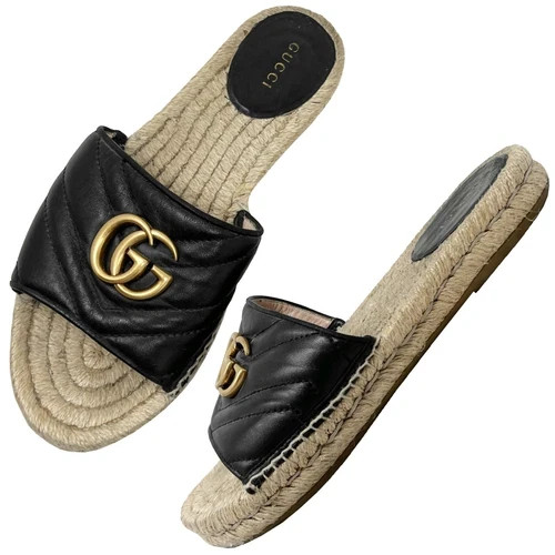 Gucci Espadrilles Sandals Slides Marmont Logo Black Quilted Leather - size 37.5