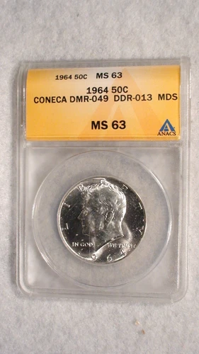 1964 KENNEDY HALF ANACS MS63 CONECA DMR-049 DDR-013 50C ERROR Coin BUY IT NOW!