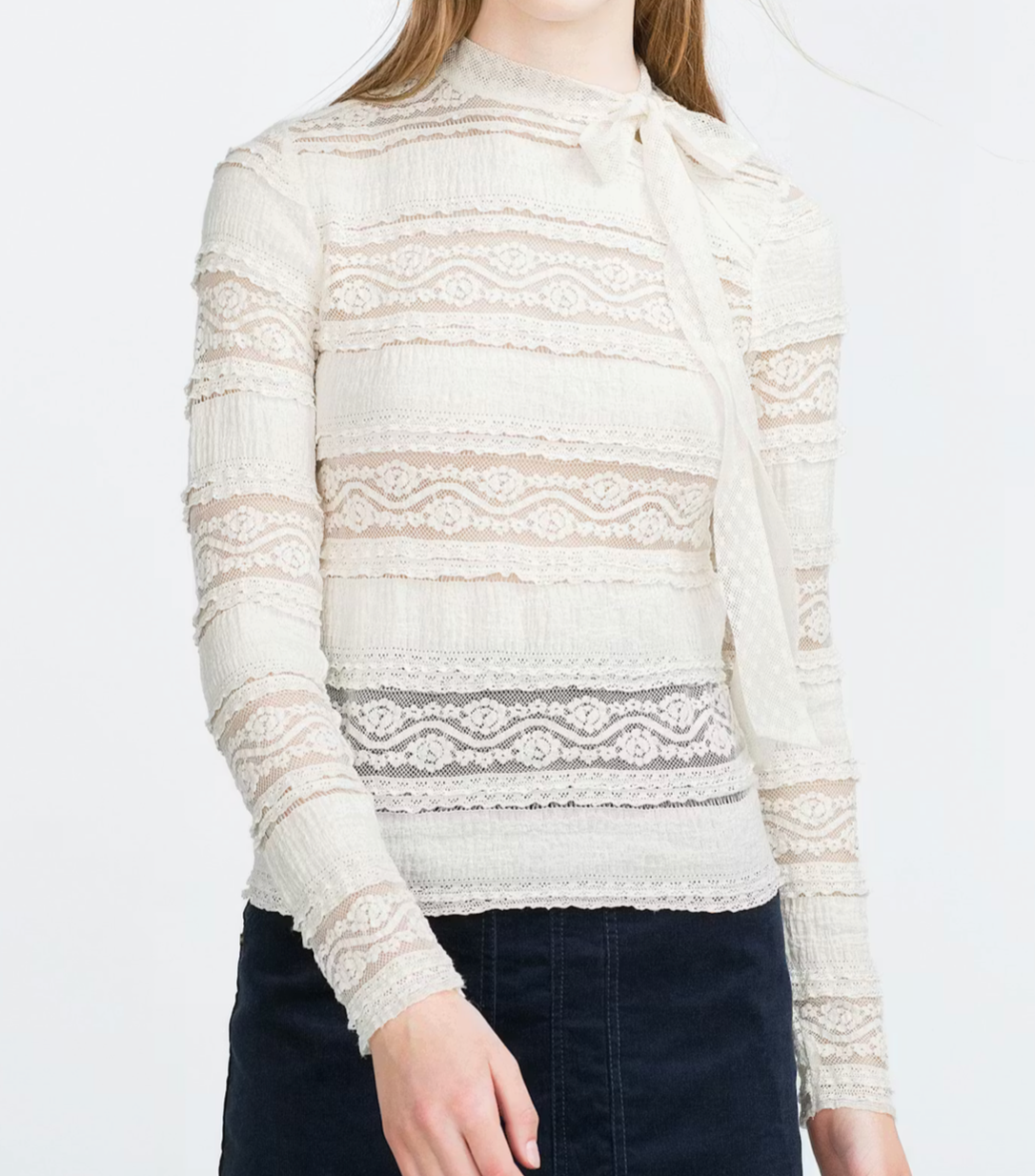 ZARA TRAFALUC Ivory Lace Blouse Top TIES AT NECK Crinkle Floral Sheer Coquette M