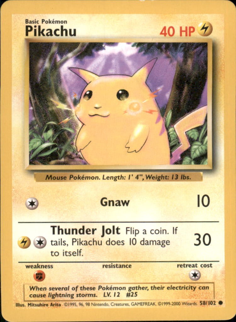 Pikachu 58/102 Common Base Set Unlimited Pokemon Lightly Played