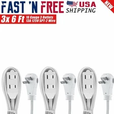 3x 6 Feet 16 Gauge 3 Outlets Angle Flat Plug ETL Listed Extension Cord (White)