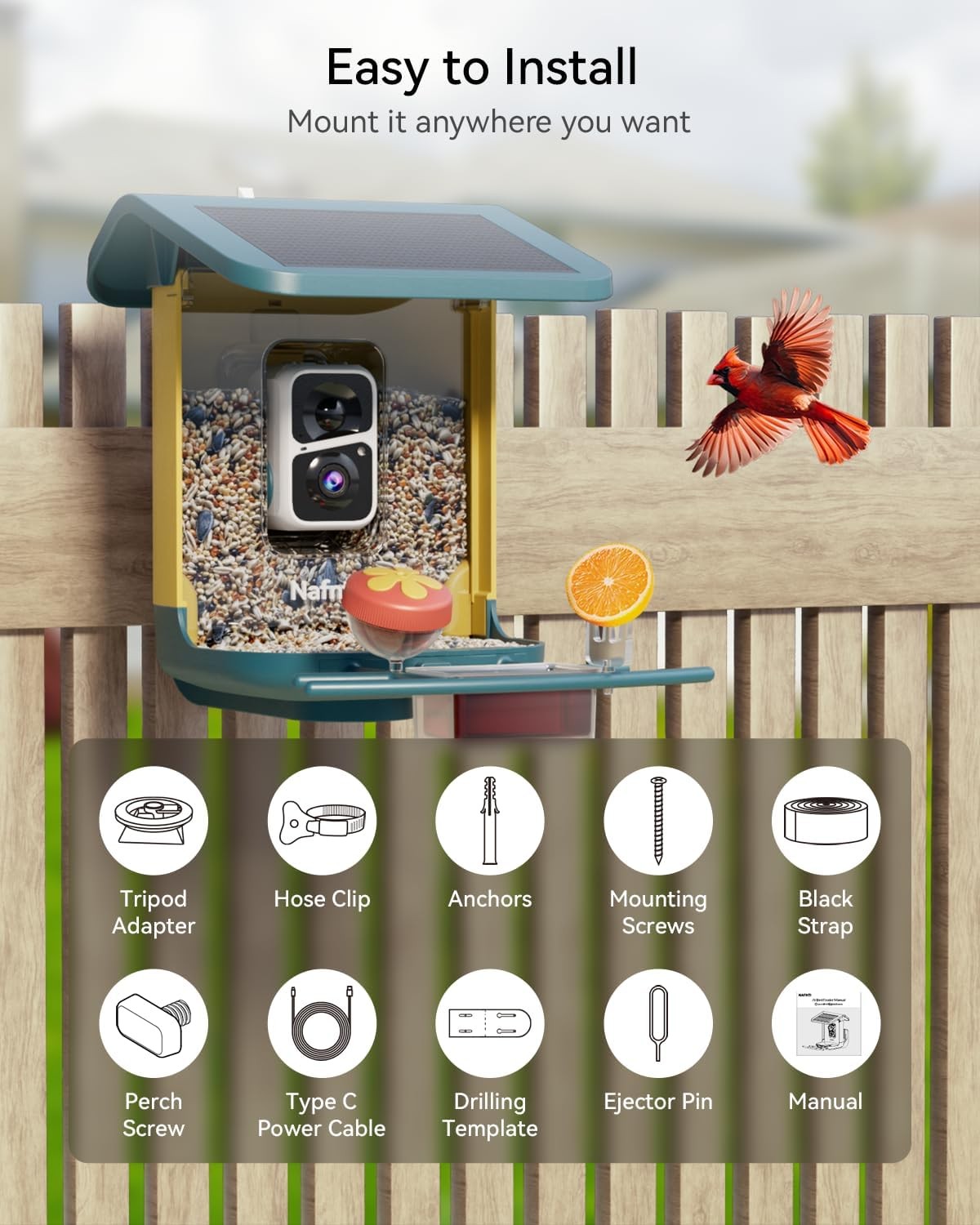2K Smart Bird Feeder with Camera for Outdoor, Solar Powered, AI Identify 10,000+