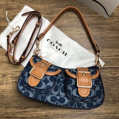 Neu COACH Marineblau Canvas Schultertasche Doppeltasche Crossbody Handtasche