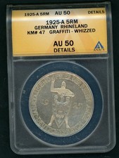 GERMANY WEIMAR RHINELAND 5 RM 1925-A SILVER COIN SLABBED ANACS AU 50 DETAILS
