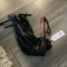 Leather Flogger w/Wooden Handle - Black, Luxury BDSM Whip, Intense Sensation