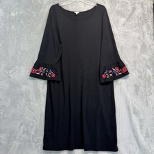 Talbots Modest Black 3/4 Bell Sleeve Dress With Floral Embroidery Size XL