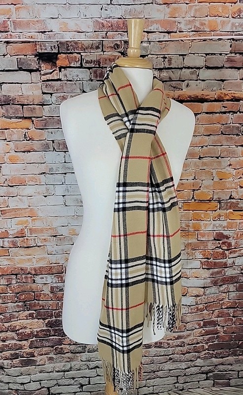 Kennedy Scotland 100% Cashmere Beige Red Black Plaid Rectangle Scarf 66" X12"