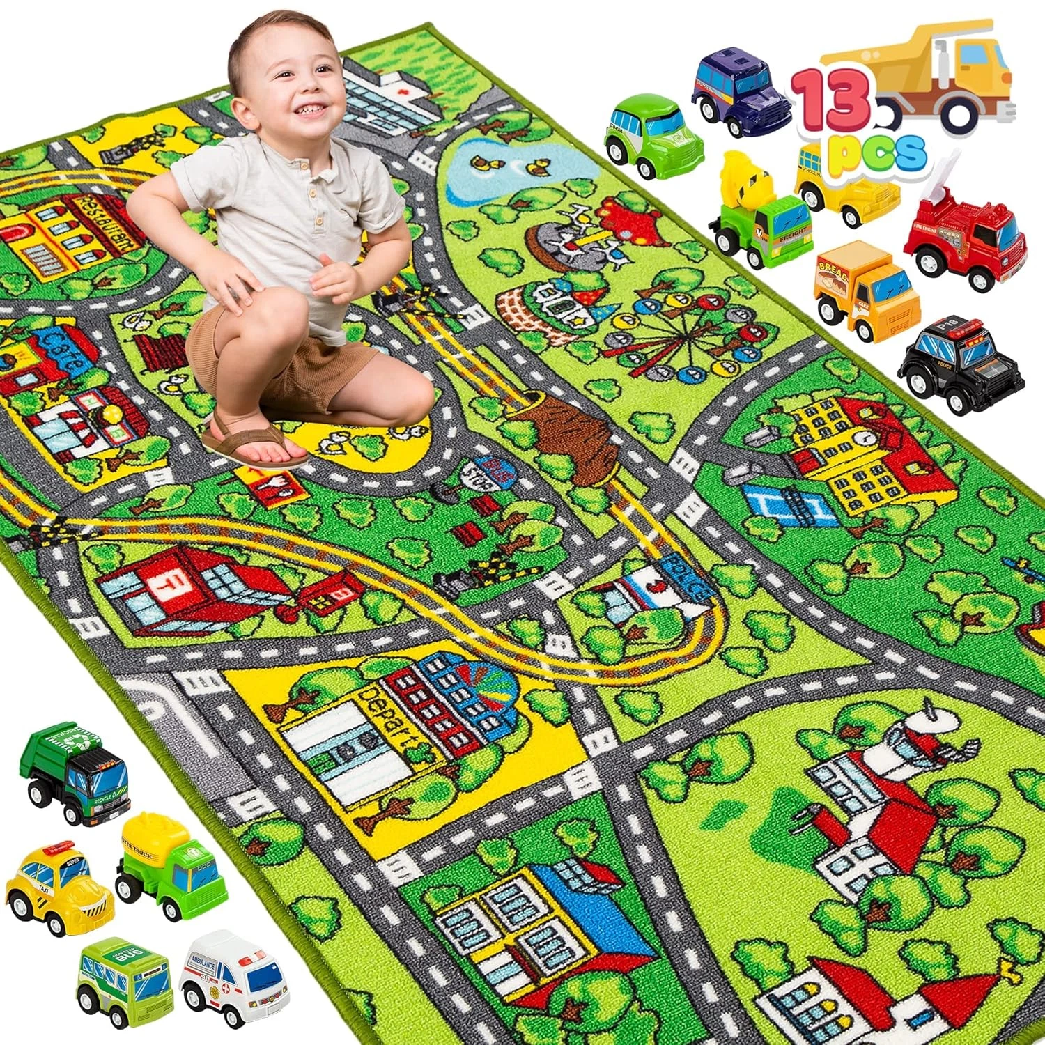 Carpet Playmat W/ 12 Cars Pull-Back Vehicle Set for Kids Age 3+, Jumbo Play Room