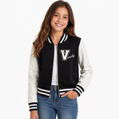 Knitworks Varsity Jacket Girls Size 10-12 Black White Faux Leather Sleeve V EUC