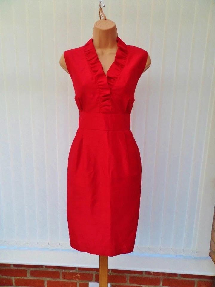JESSICA HOWARD CORAL RED FRILL 40'S 50'S SILKY PENCIL MIDI DRESS 12 BNWT £130 - Image 3 of 4