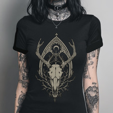 Deer Skull Fitted Goth Graphic T-Shirt Witchy Whimsigoth Shirt Fairy Grunge Top