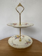 2-tier Cake Stand Made With Genuine Vintage China maytime pattern with gold trim