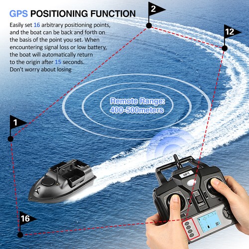 Bateau d'alimentation RC GPS bateau à appâts Baitboat 500M télécommande 2kg 7,4V 12000mah - Photo 7/12