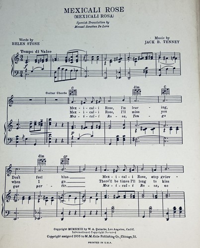 Sheet Music Mexicali Rose Helen Stone & Jack B Tenney Vintage 1923 Bing Crosby - Picture 2 of 2