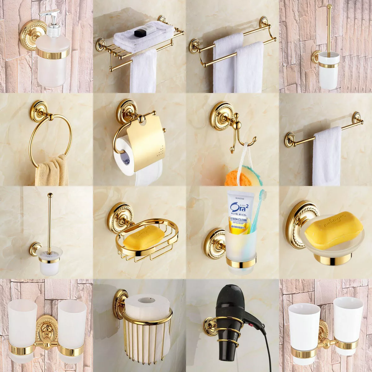 Luxury Gold Color Brass Bathroom Accessories Set Bath Hardware Towel Bar  yset006