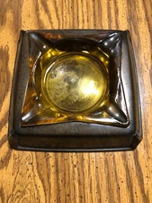 Vintage Ashtray Amber Glass With Weighted Case Drop In Removable 2 Piece